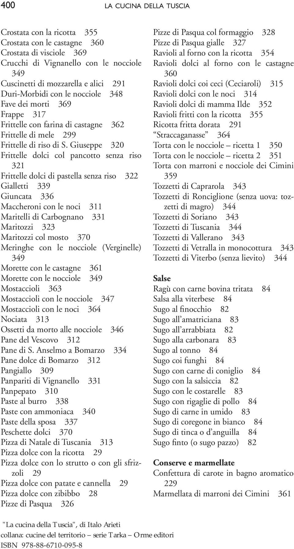 Giuseppe 320 Frittelle dolci col pancotto senza riso 321 Frittelle dolci di pastella senza riso 322 Gialletti 339 Giuncata 336 Maccheroni con le noci 311 Maritelli di Carbognano 331 Maritozzi 323