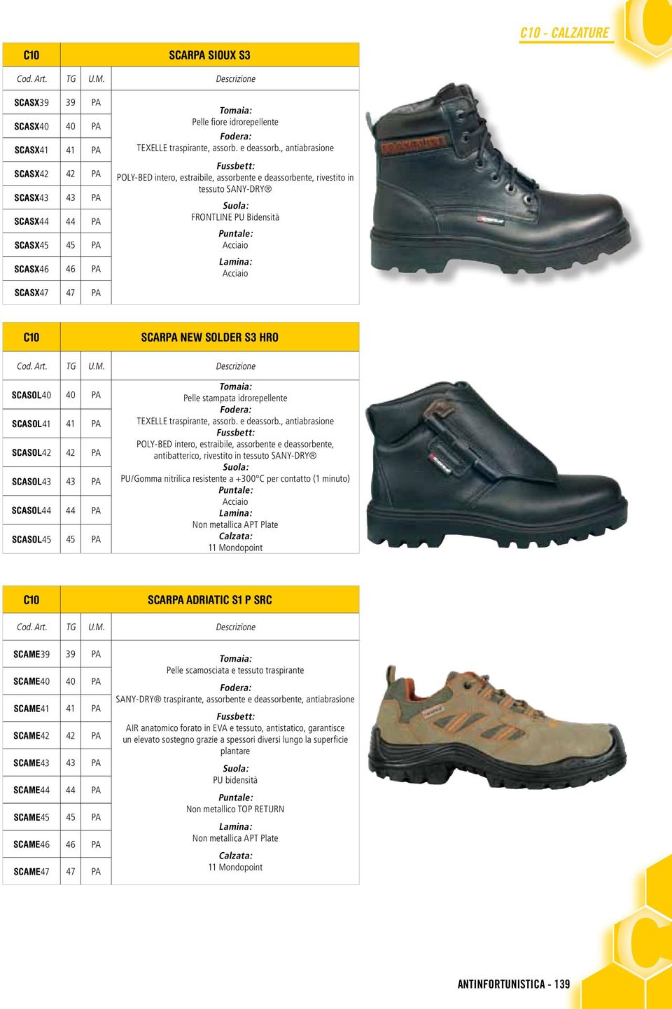 , antiabrasione Fussbett: POLY-BED intero, estraibile, assorbente e deassorbente, rivestito in tessuto SANY-DRY Suola: FRONTLINE PU Bidensità Puntale: Acciaio Lamina: Acciaio SCASX47 47 PA SCARPA NEW