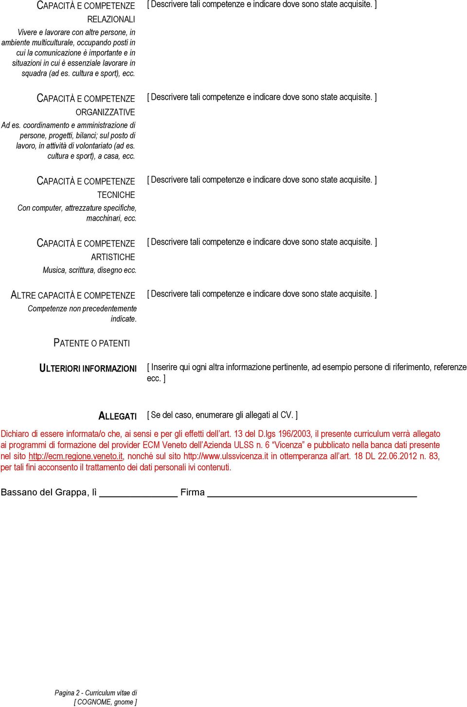 TECNICHE Con computer, attrezzature specifiche, macchinari, ecc. ARTISTICHE Musica, scrittura, disegno ecc. ALTRE Competenze non precedentemente indicate.