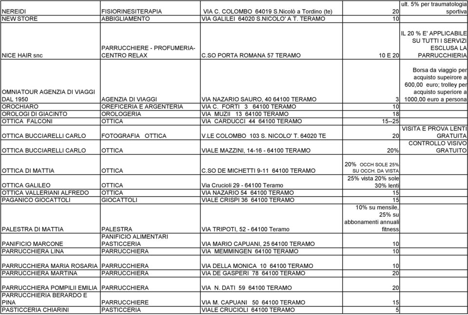 SO PORTA ROMANA 57 TERAMO 10 E 20 IL 20 % E' APPLICABILE SU TUTTI I SERVIZI ESCLUSA LA PARRUCCHIERIA Borsa da viaggio per acquisto supeirore a 600,00 euro; trolley per OMNIATOUR AGENZIA DI VIAGGI DAL