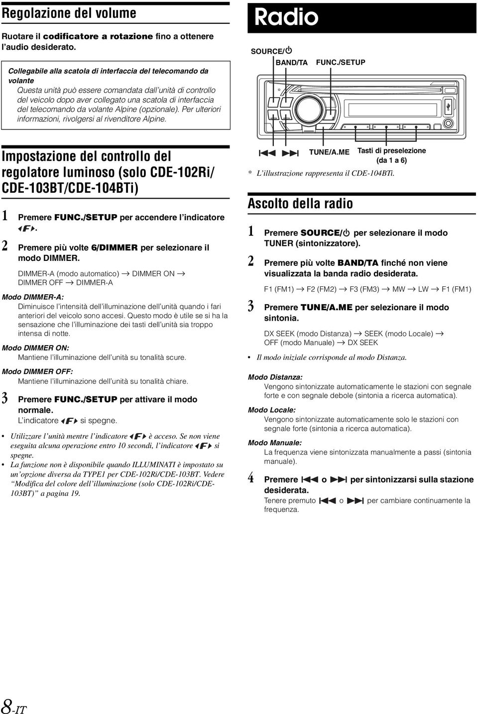 da volante Alpine (opzionale). Per ulteriori informazioni, rivolgersi al rivenditore Alpine. Radio SOURCE/ BAND/TA FUNC.