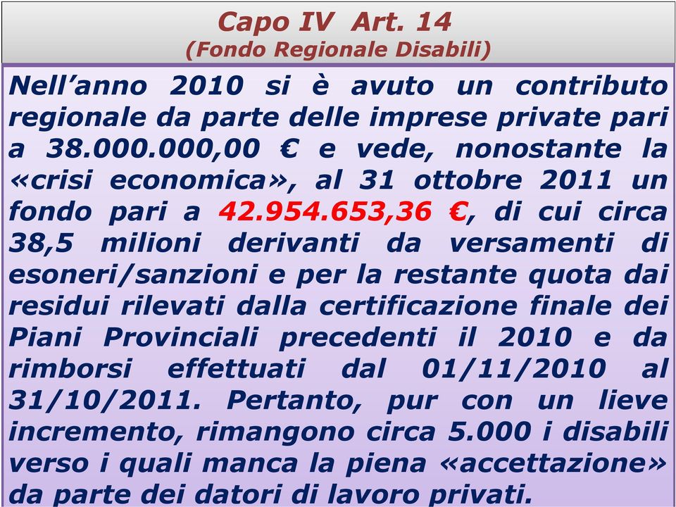 653,36, di cui circa 38,5 milioni derivanti da versamenti di esoneri/sanzioni e per la restante quota dai residui rilevati dalla certificazione finale dei