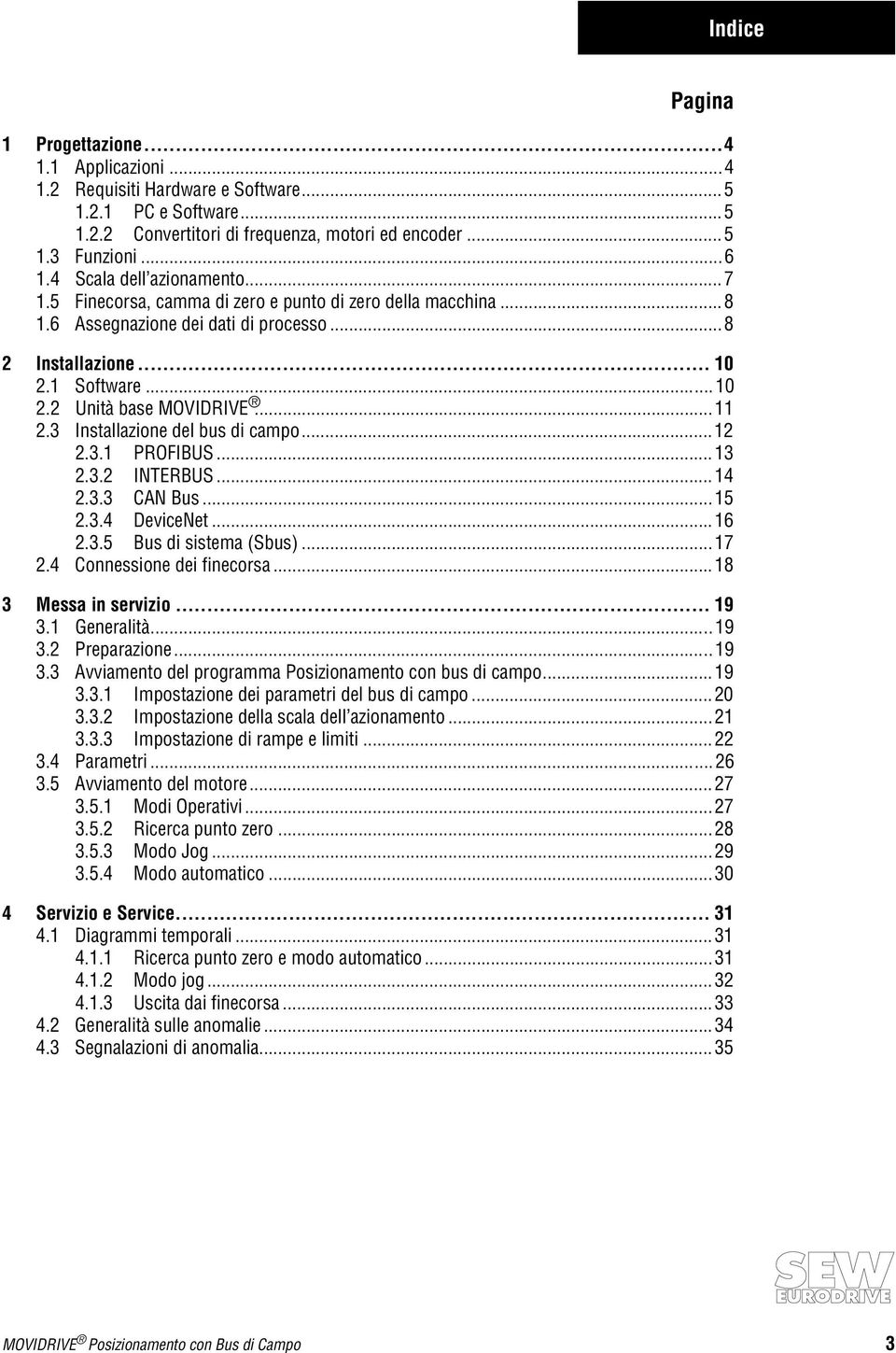 .... PROFIBUS..... INTERBUS...4.. CAN Bus...5..4 DeviceNet...6..5 Bus di sistema (Sbus)...7.4 Connessione dei finecorsa...8 Messa in servizio... 9.