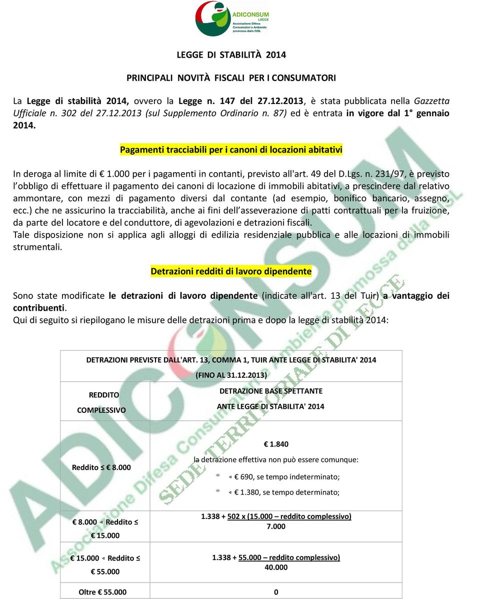 231/97, è previsto l obbligo di effettuare il pagamento dei canoni di locazione di immobili abitativi, a prescindere dal relativo ammontare, con mezzi di pagamento diversi dal contante (ad esempio,