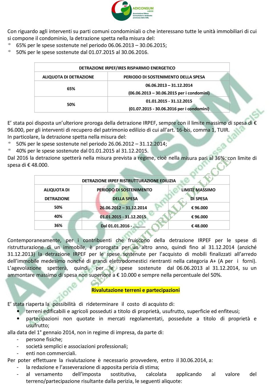 DETRAZIONE IRPEF/IRES RISPARMIO ENERGETICO ALIQUOTA DI DETRAZIONE 65% 50% PERIODO DI SOSTENIMENTO DELLA SPESA 06.06.2013 31.12.2014 (06.06.2013 30.06.2015 per i condomini) 01.01.2015-31.12.2015 (01.