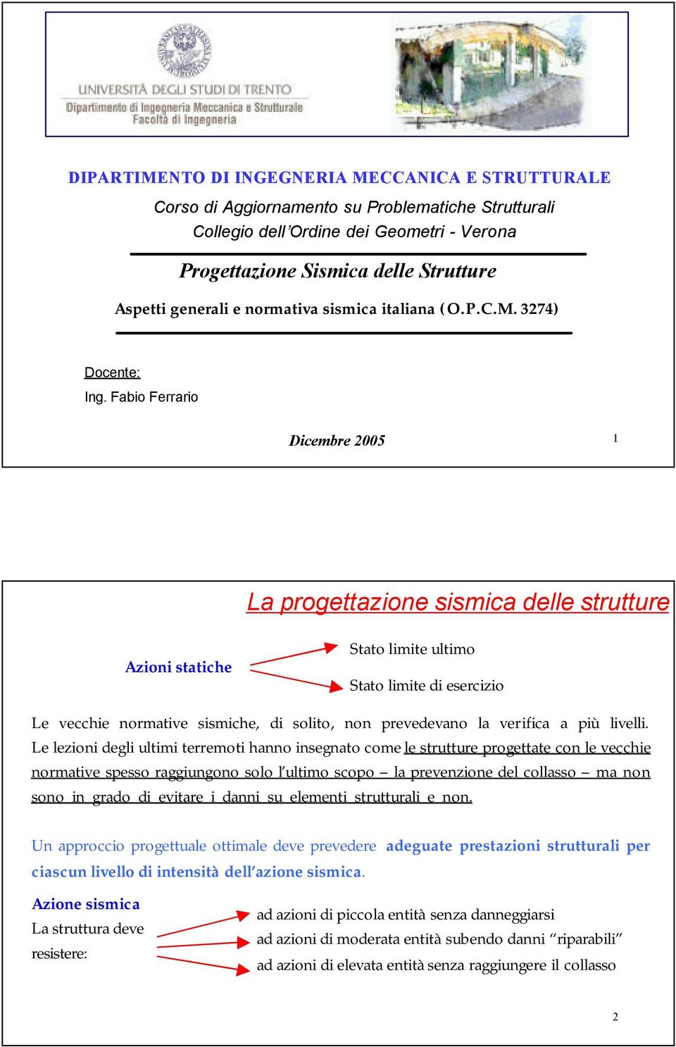 Fabio Ferrario Dicembre 2005 1 La progettazione sismica delle strutture Azioni statiche Stato limite ultimo Stato limite di esercizio Le vecchie normative sismiche, di solito, non prevedevano la