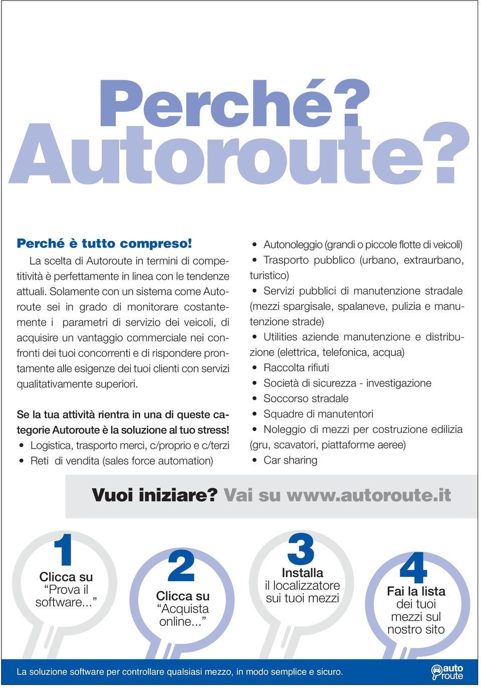 rispondere prontamente alle esigenze dei tuoi clienti con servizi qualitativamente superiori. Se la tua attività rientra in una di queste categorie Autoroute è la soluzione al tuo stress!