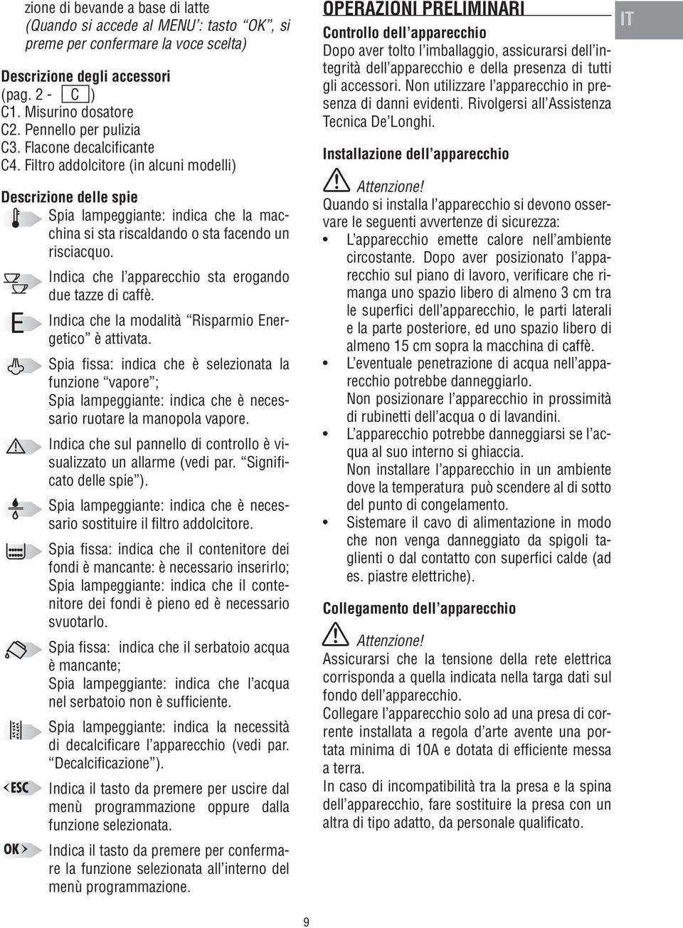 Filtro addolcitore (in alcuni modelli) Descrizione delle spie Spia lampeggiante: indica che la macchina si sta riscaldando o sta facendo un risciacquo.