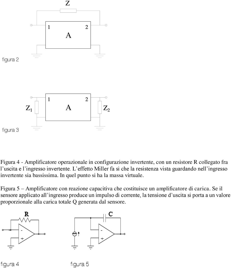 In quel punto si ha la massa virtuale. Figura 5 Amplificatore con reazione capacitiva che costituisce un amplificatore di carica.