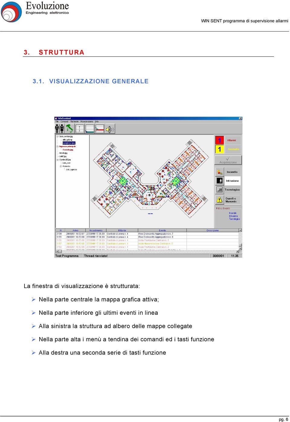 centrale la mappa grafica attiva; Nella parte inferiore gli ultimi eventi in linea Alla