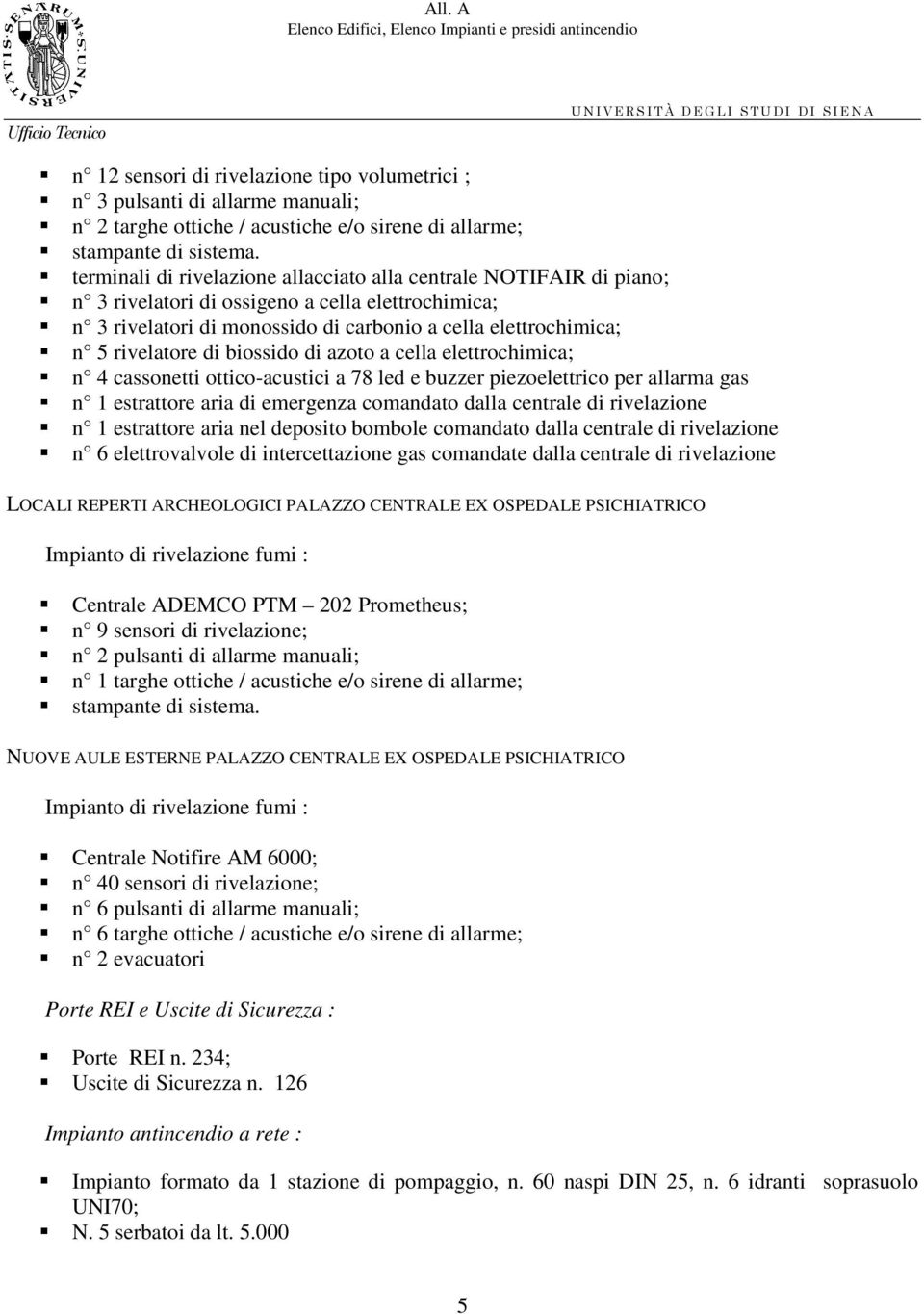 di biossido di azoto a cella elettrochimica; n 4 cassonetti ottico-acustici a 78 led e buzzer piezoelettrico per allarma gas n 1 estrattore aria di emergenza comandato dalla centrale di rivelazione n