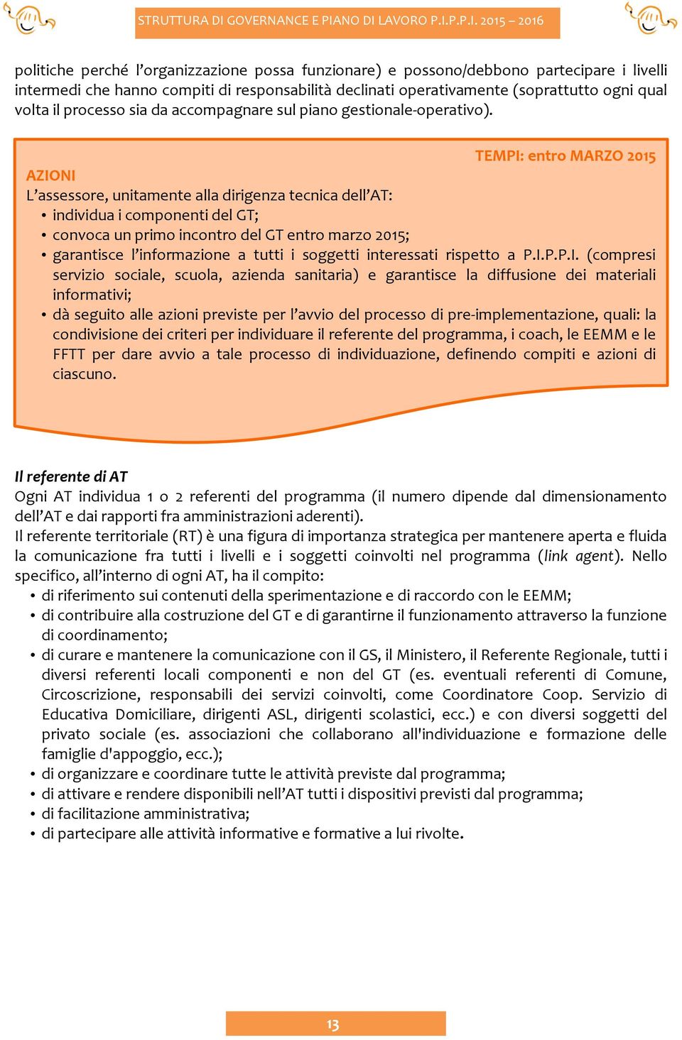 TEMPI: entro MARZO 2015 AZIONI L assessore, unitamente alla dirigenza tecnica dell AT: individua i componenti del GT; convoca un primo incontro del GT entro marzo 2015; garantisce l informazione a