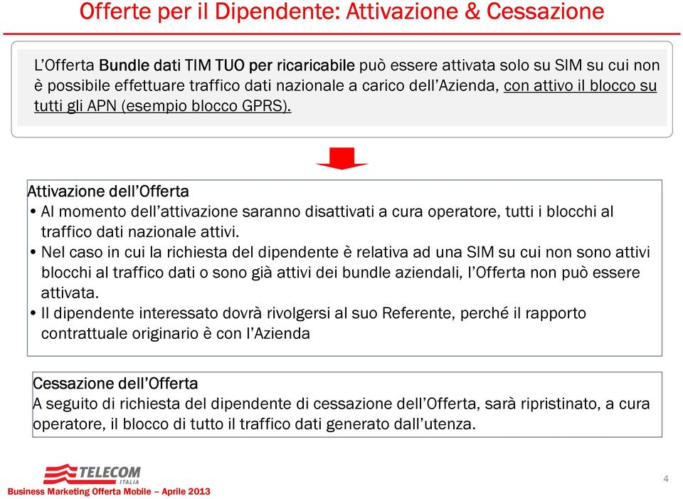 Attivazione dell Offerta Al momento dell attivazione saranno disattivati a cura operatore, tutti i blocchi al traffico dati nazionale attivi.