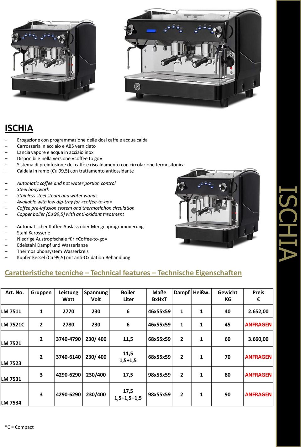 steel steam and water wands Available with low dip-tray for «coffee-to-go» Coffee pre-infusion system and thermosiphon circulation Copper boiler (Cu 99,5) with anti-oxidant treatment Automatischer