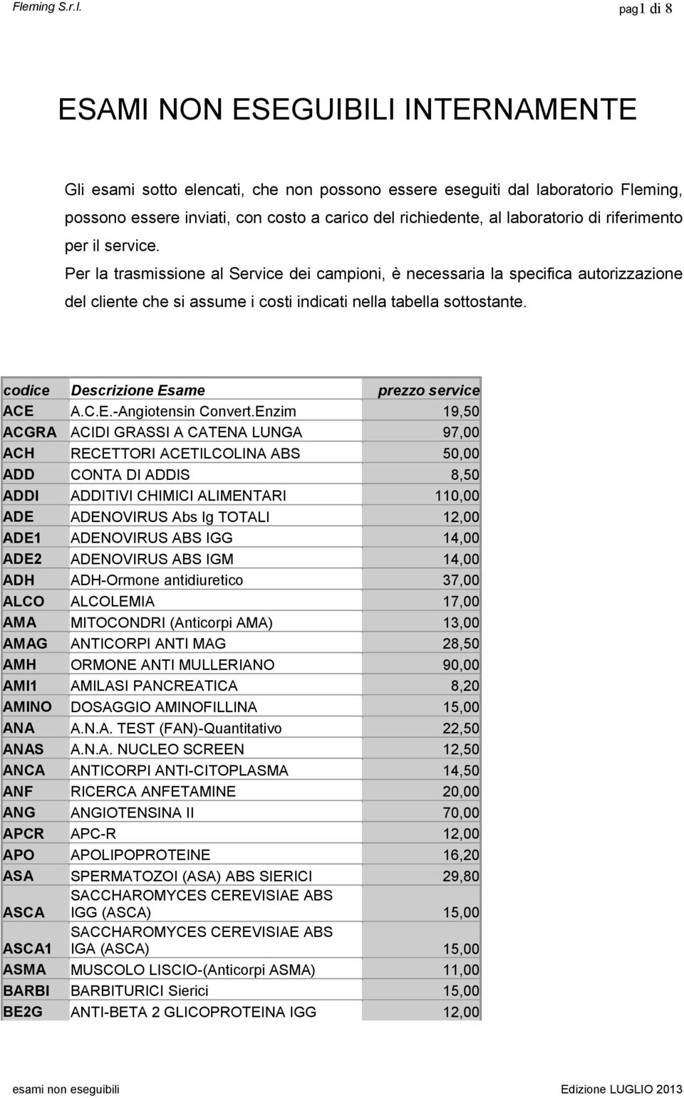 Per la trasmissione al Service dei campioni, è necessaria la specifica autorizzazione del cliente che si assume i costi indicati nella tabella sottostante.