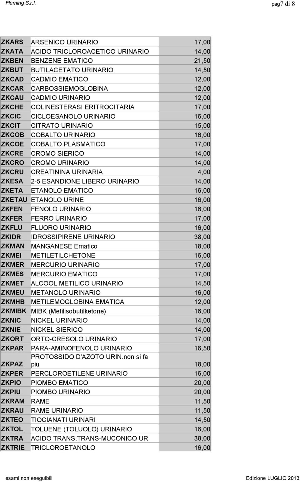 PLASMATICO 17,00 ZKCRE CROMO SIERICO 14,00 ZKCRO CROMO URINARIO 14,00 ZKCRU CREATININA URINARIA 4,00 ZKESA 2-5 ESANDIONE LIBERO URINARIO 14,00 ZKETA ETANOLO EMATICO 16,00 ZKETAU ETANOLO URINE 16,00