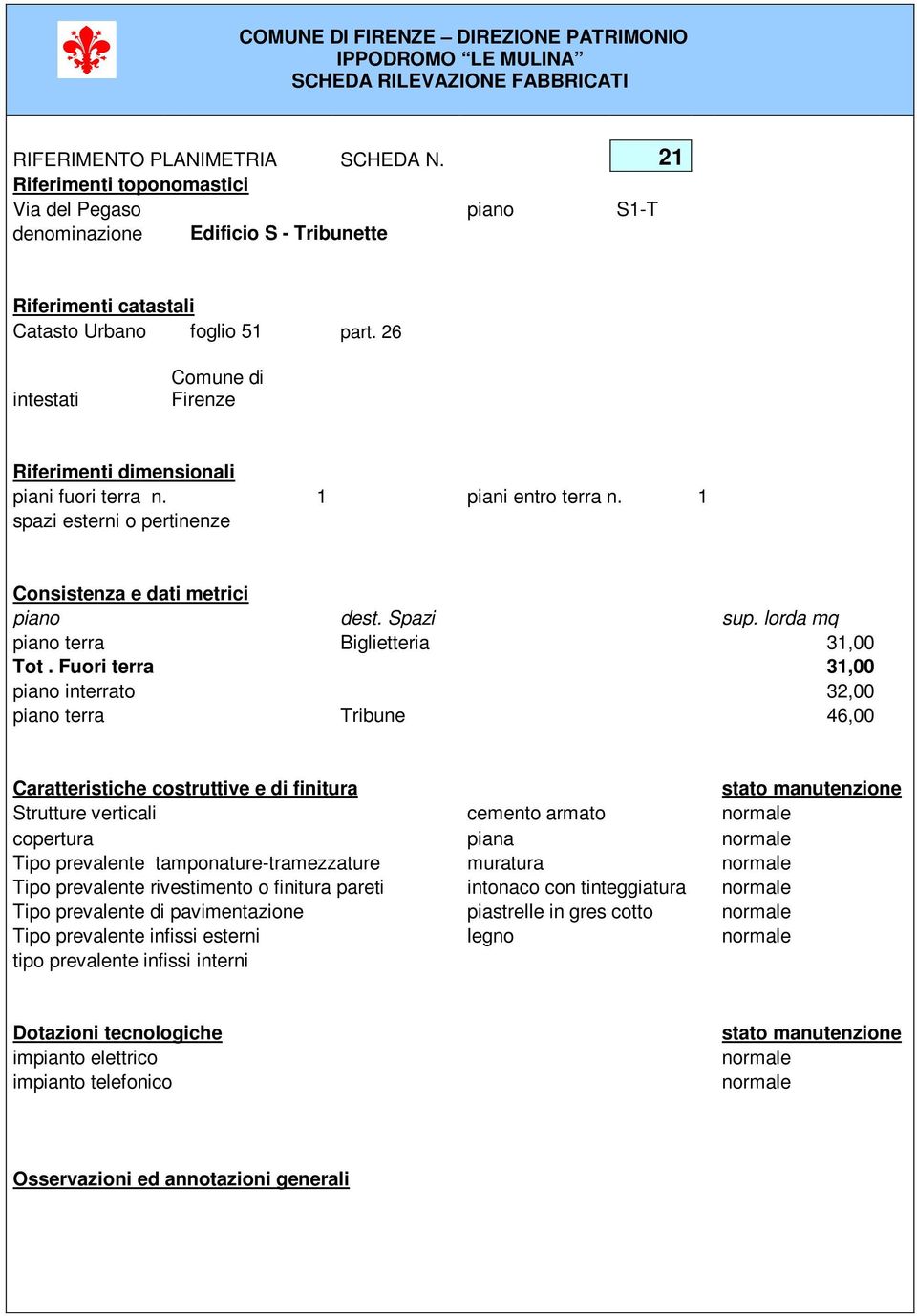 26 intestati Comune di Firenze Riferimenti dimensionali piani fuori terra n. 1 piani entro terra n. 1 spazi esterni o pertinenze Consistenza e dati metrici piano dest. Spazi sup.