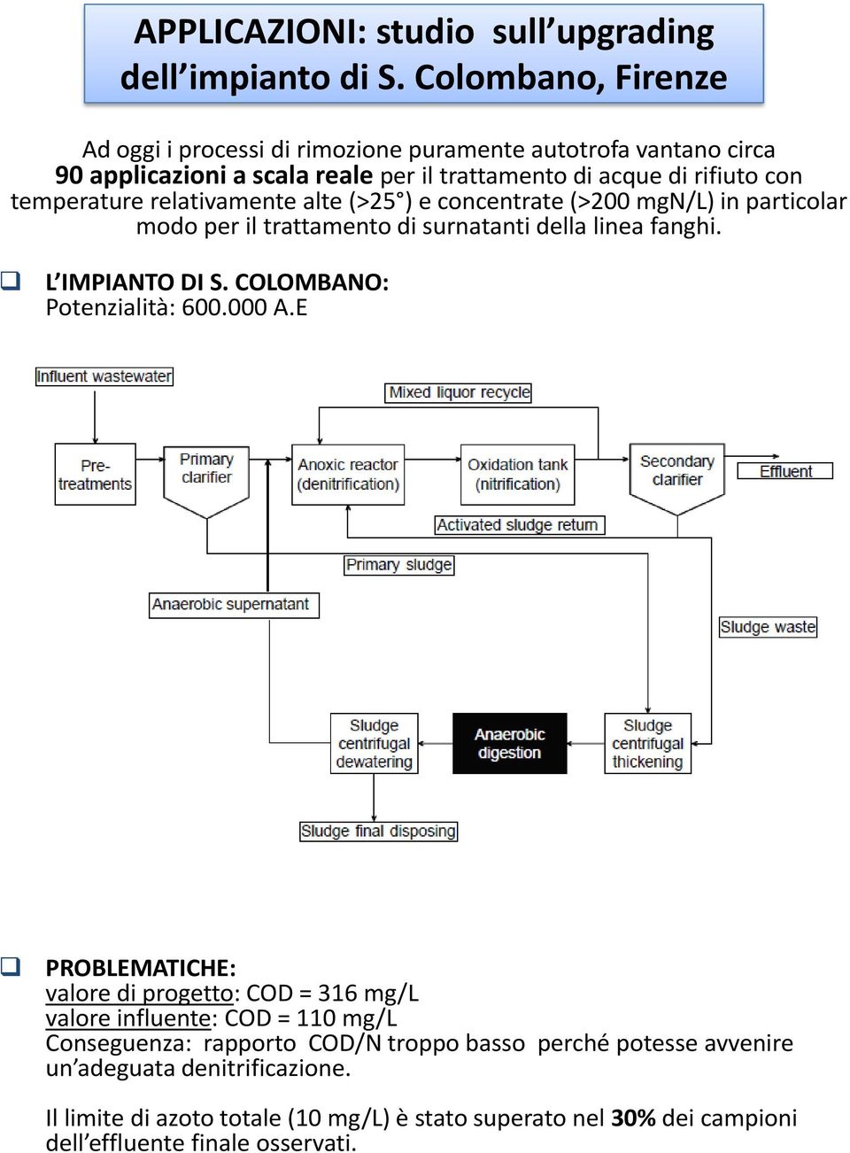 relativamente alte (>25 ) e concentrate (>200 mgn/l) in particolar modo per il trattamento di surnatanti della linea fanghi. L IMPIANTO DI S. COLOMBANO: Potenzialità: 600.