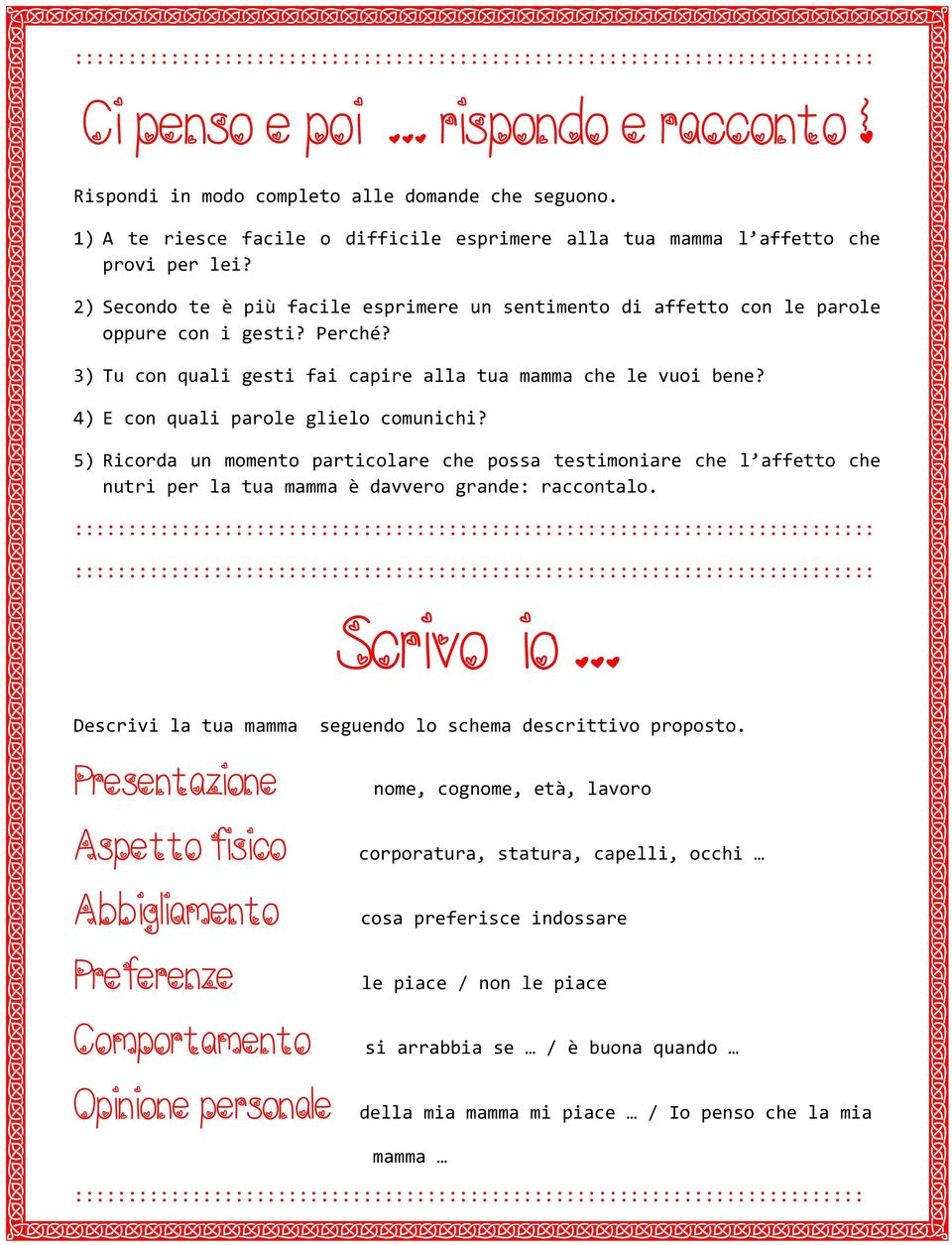 4) E con quali parole glielo comunichi? 5) Ricorda un momento particolare che possa testimoniare che l affetto che nutri per la tua mamma è davvero grande: raccontalo. Scrivo io.