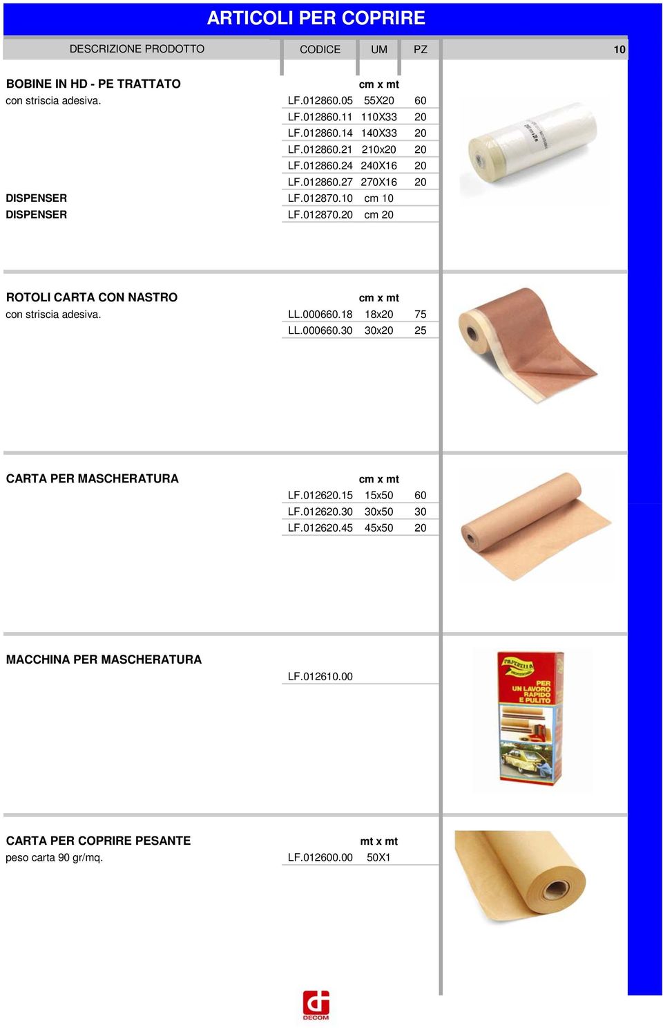 LL.000660.18 18x20 75 LL.000660.30 30x20 25 CARTA PER MASCHERATURA cm x mt LF.012620.15 15x50 60 LF.012620.30 30x50 30 LF.012620.45 45x50 20 MACCHINA PER MASCHERATURA LF.