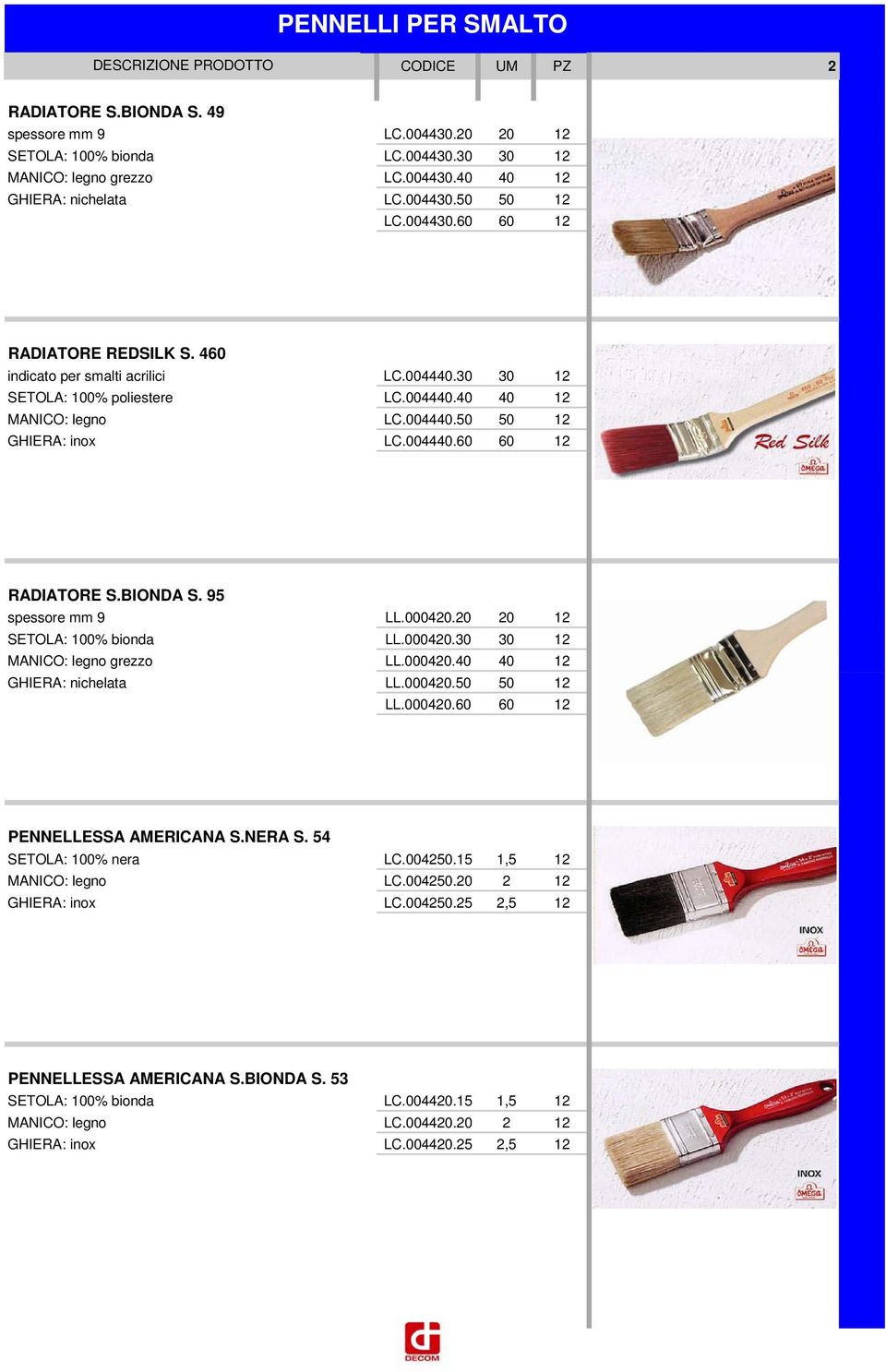 BIONDA S. 95 spessore mm 9 LL.000420.20 20 12 SETOLA: 100% bionda LL.000420.30 30 12 MANICO: legno grezzo LL.000420.40 40 12 GHIERA: nichelata LL.000420.50 50 12 LL.000420.60 60 12 PENNELLESSA AMERICANA S.