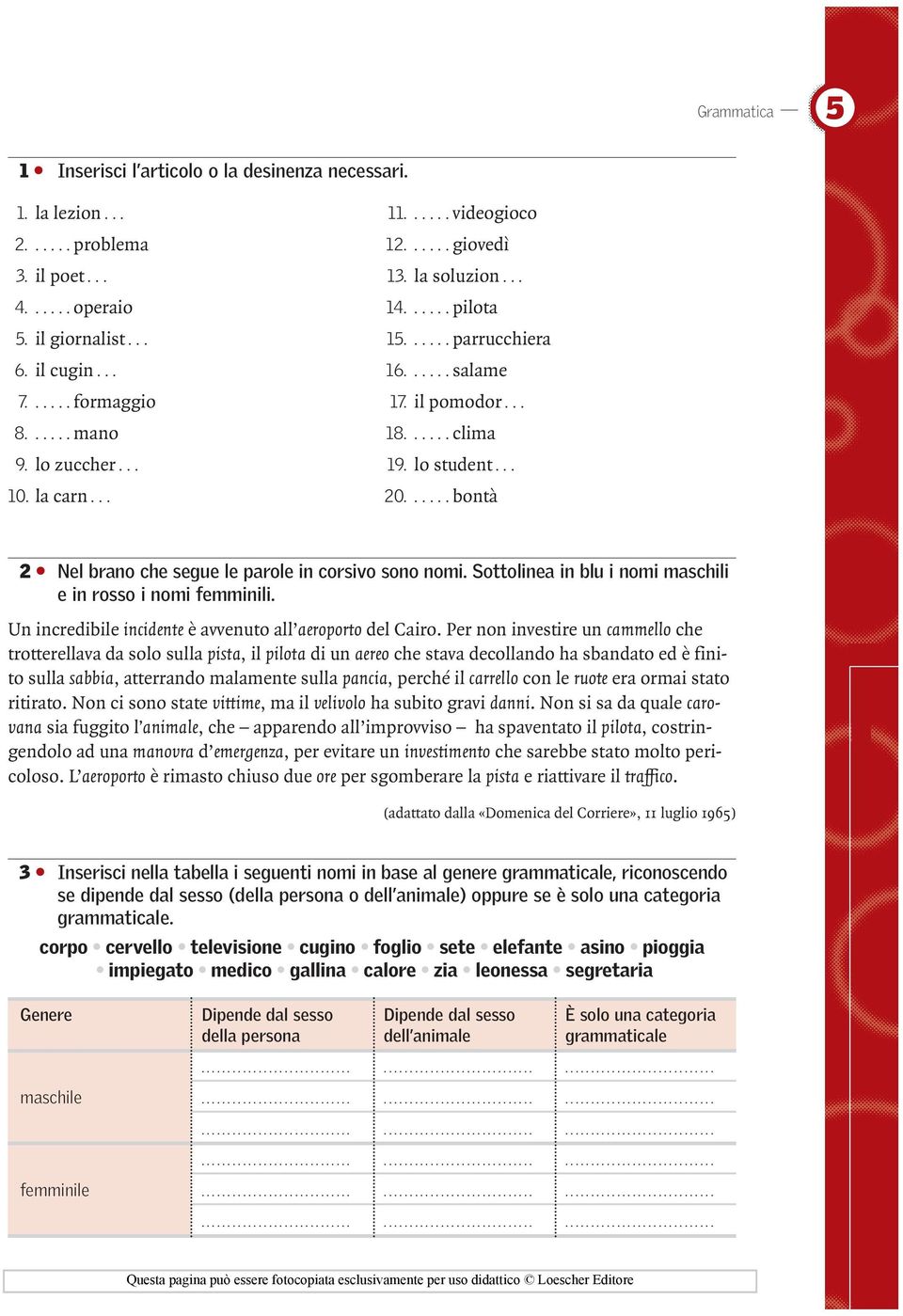 ..... bontà 02 Nel brano che segue le parole in corsivo sono nomi. Sottolinea in blu i nomi maschili e in rosso i nomi femminili. Un incredibile incidente è avvenuto all aeroporto del Cairo.