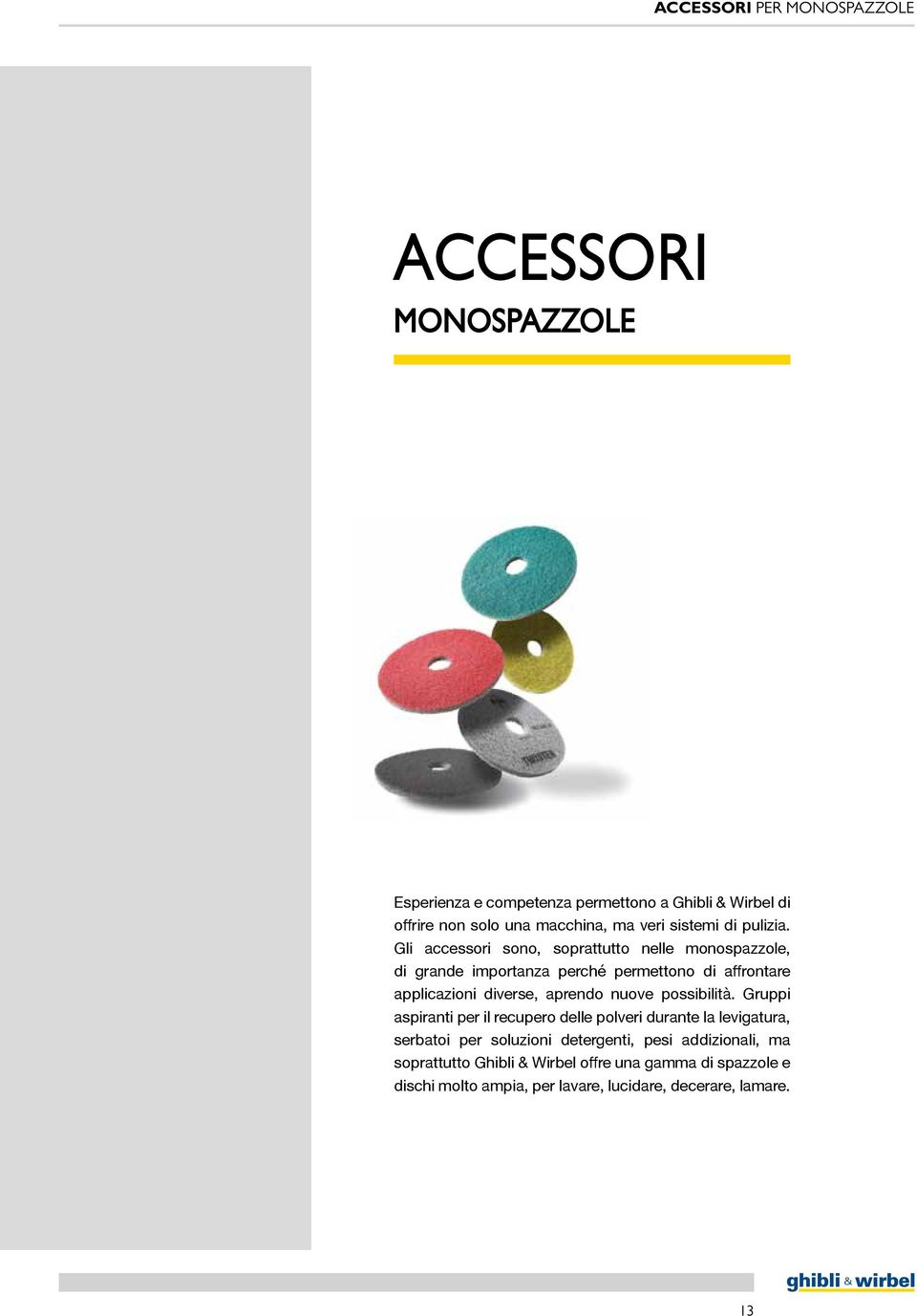 Gli accessori sono, soprattutto nelle monospazzole, di grande importanza perché permettono di affrontare applicazioni diverse, aprendo nuove