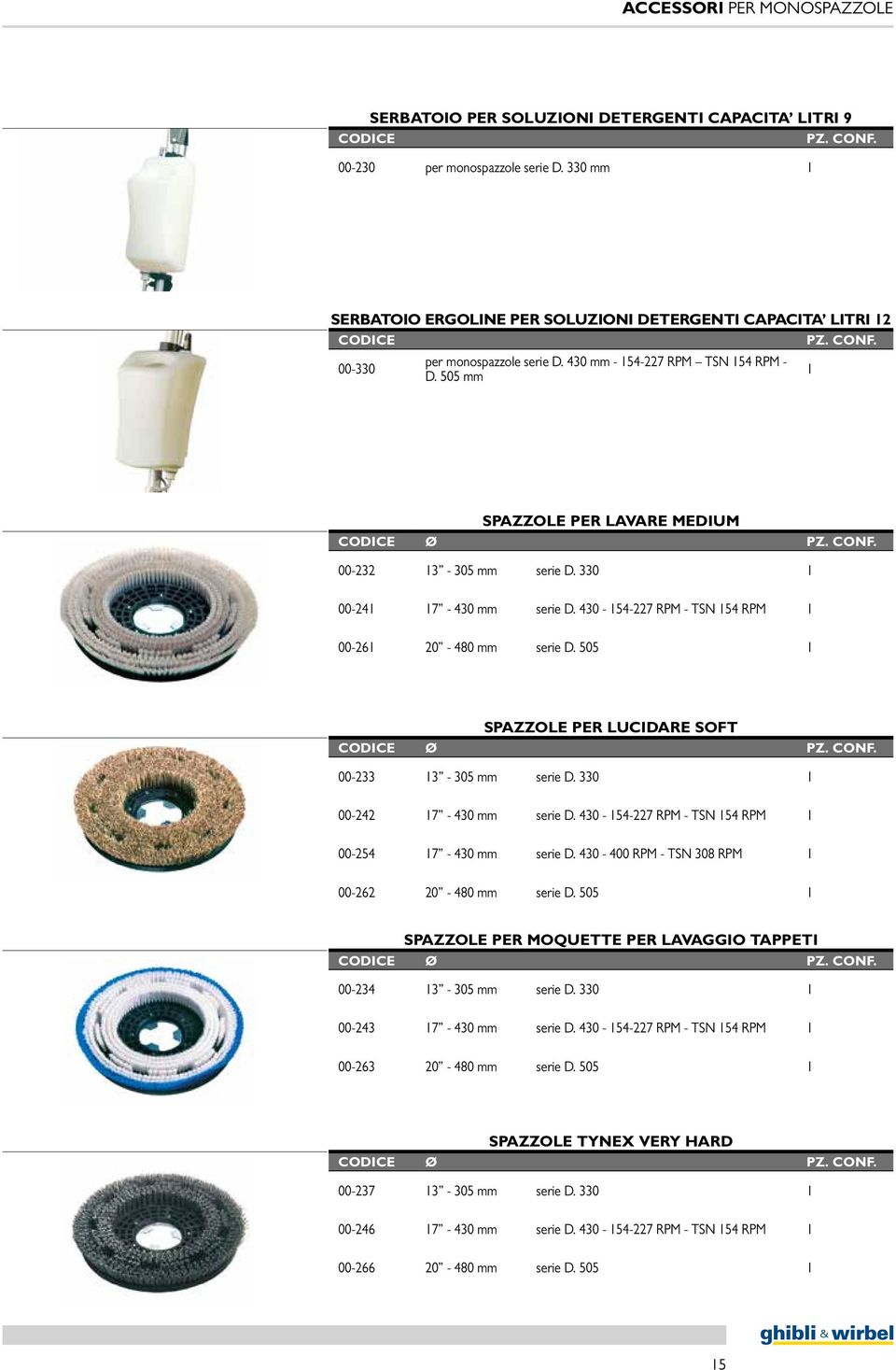 505 mm 1 SPAZZOLE PER LAVARE MEDIUM 00-232 13-305 mm serie D. 330 1 00-241 17-430 mm serie D. 430-154-227 RPM - TSN 154 RPM 1 00-261 20-480 mm serie D.