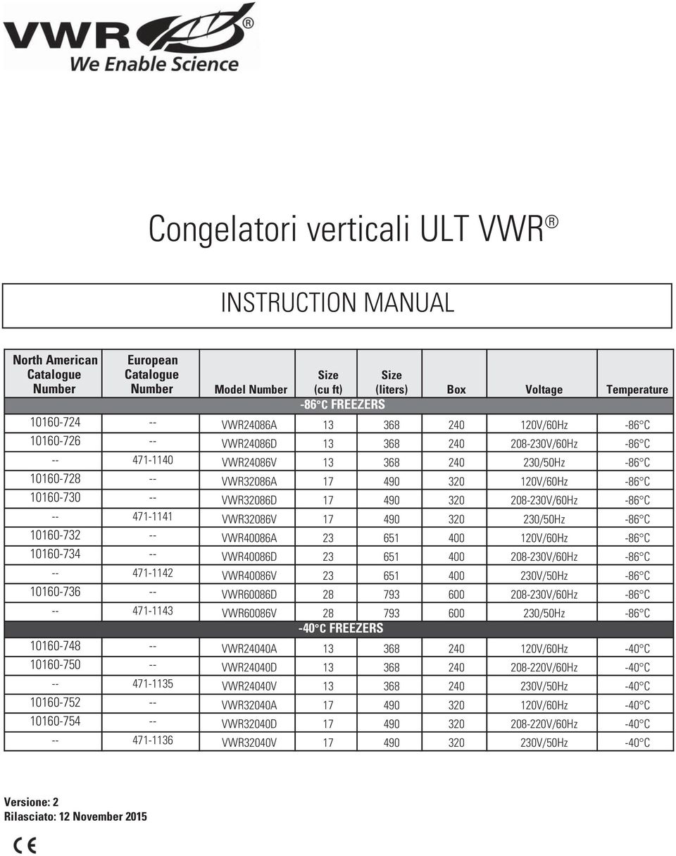 -- VWR32086D 17 490 320 208-230V/60Hz -86 C -- 471-1141 VWR32086V 17 490 320 230/50Hz -86 C 10160-732 -- VWR40086A 23 651 400 120V/60Hz -86 C 10160-734 -- VWR40086D 23 651 400 208-230V/60Hz -86 C --