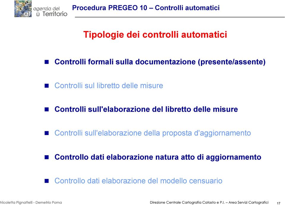 Controlli sull'elaborazione della proposta d'aggiornamento Controllo dati elaborazione natura atto di aggiornamento