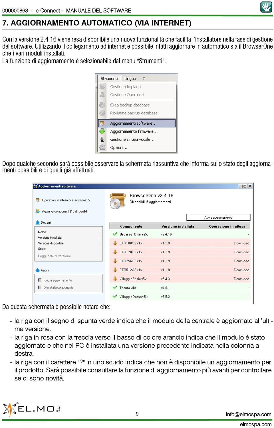 La funzione di aggiornamento è selezionabile dal menu "Strumenti": Dopo qualche secondo sarà possibile osservare la schermata riassuntiva che informa sullo stato degli aggiornamenti possibili e di