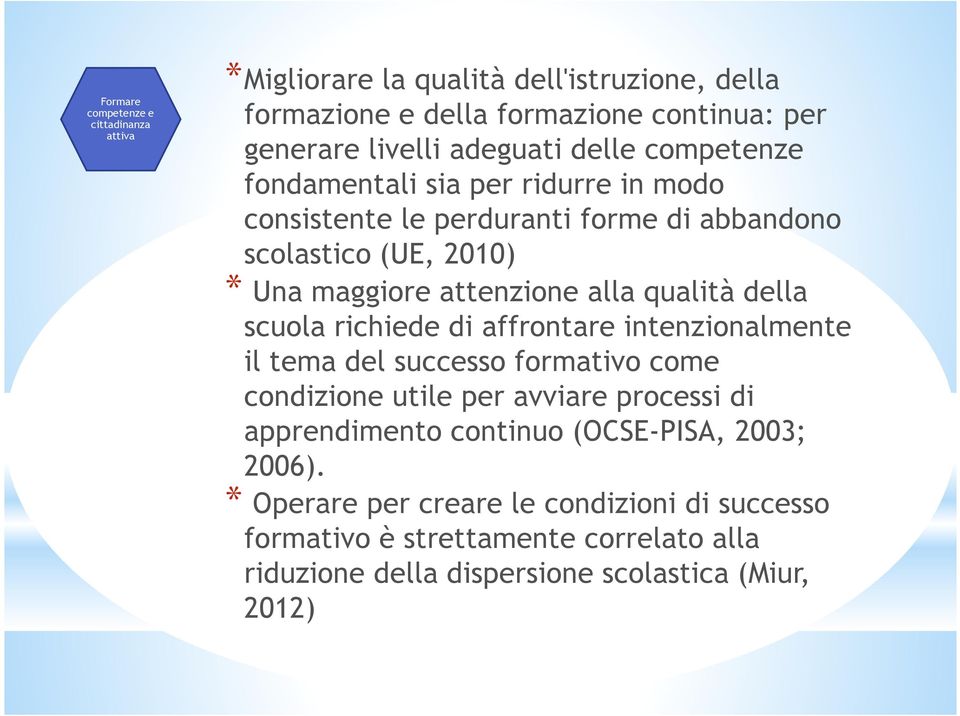 qualità della scuola richiede di affrontare intenzionalmente il tema del successo formativo come condizione utile per avviare processi di apprendimento