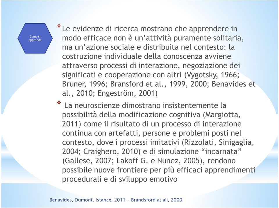 , 2010; Engeström, 2001) * La neuroscienze dimostrano insistentemente la possibilità della modificazione cognitiva (Margiotta, 2011) come il risultato di un processo di interazione continua con