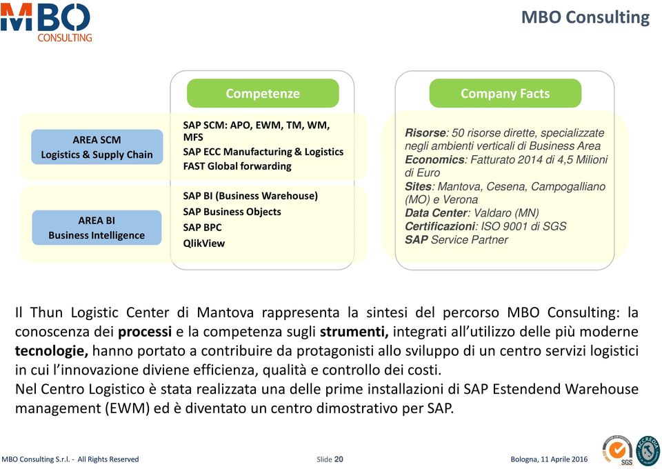 Sites: Mantova, Cesena, Campogalliano (MO) e Verona Data Center: Valdaro (MN) Certificazioni: ISO 9001 di SGS SAP Service Partner Il Thun Logistic Center di Mantova rappresenta la sintesi del
