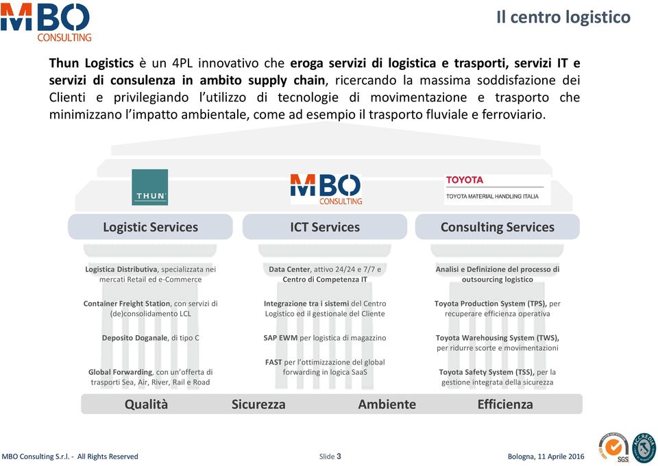 Logistic Services ICT Services Consulting Services Logistica Distributiva, specializzata nei mercati Retail ed e-commerce Data Center, attivo 24/24 e 7/7 e Centro di Competenza IT Analisi e