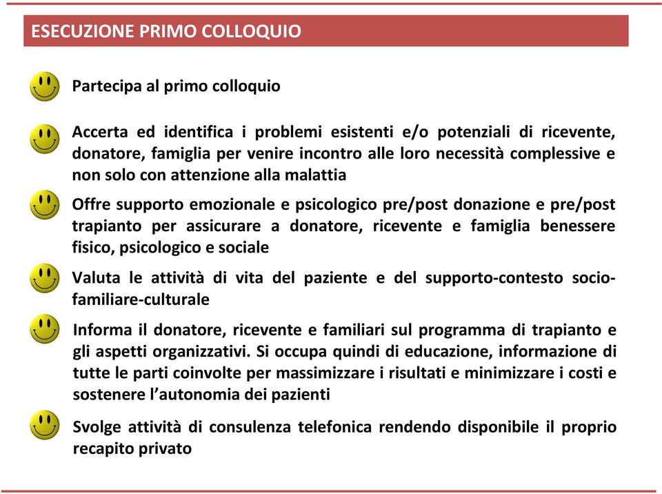 sociale Valuta le attività di vita del paziente e del supporto-contesto sociofamiliare-culturale Informa il donatore, ricevente e familiari sul programma di trapianto e gli aspetti organizzativi.