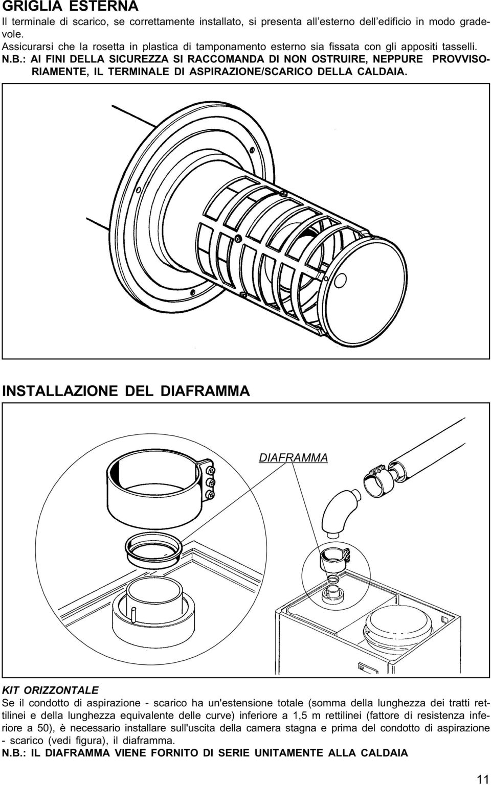 : AI FINI DELLA SICUREZZA SI RACCOMANDA DI NON OSTRUIRE, NEPPURE PROVVISO- RIAMENTE, IL TERMINALE DI ASPIRAZIONE/SCARICO DELLA CALDAIA.