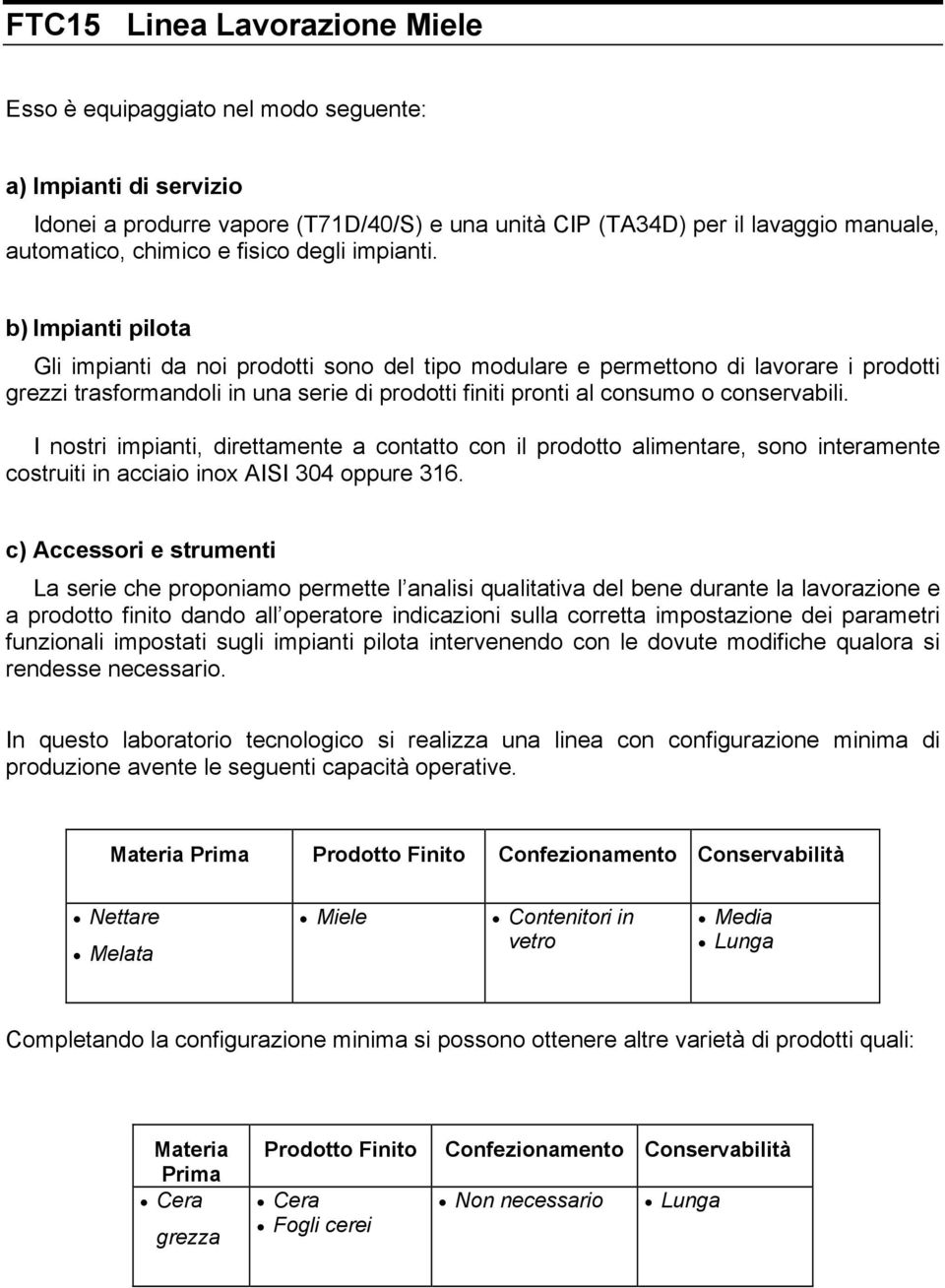 b) Impianti pilota Gli impianti da noi prodotti sono del tipo modulare e permettono di lavorare i prodotti grezzi trasformandoli in una serie di prodotti finiti pronti al consumo o conservabili.