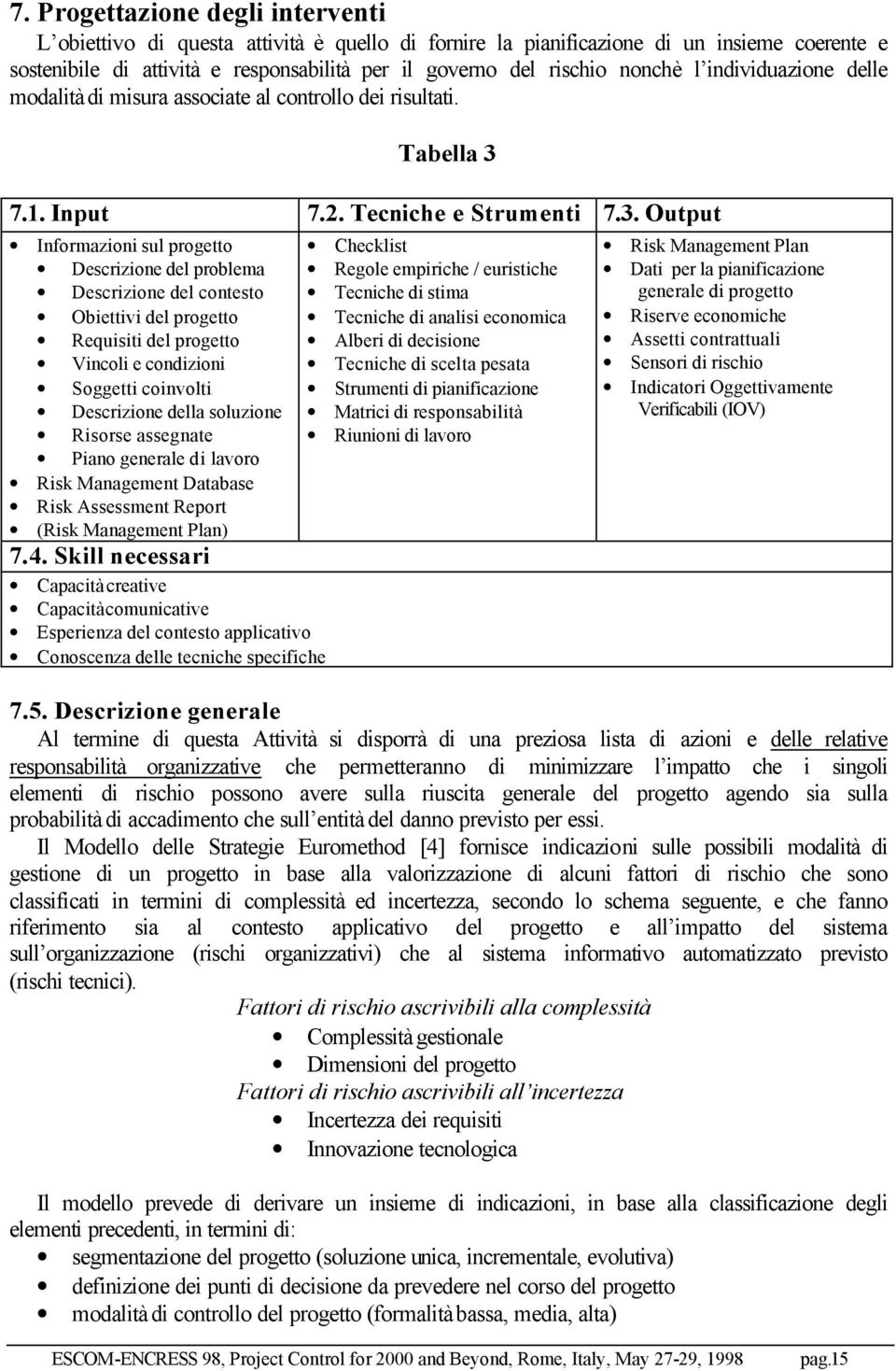 7.1. Input 7.2. Tecniche e Strumenti 7.3.