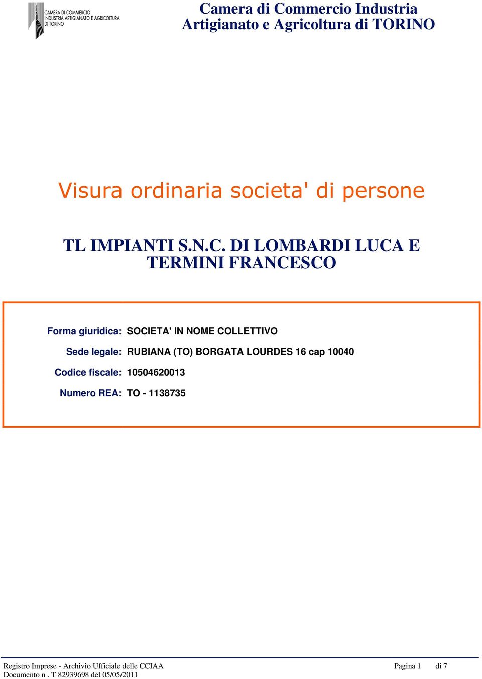 DI LOMBARDI LUCA E TERMINI FRANCESCO Forma giuridica: SOCIETA' IN NOME COLLETTIVO