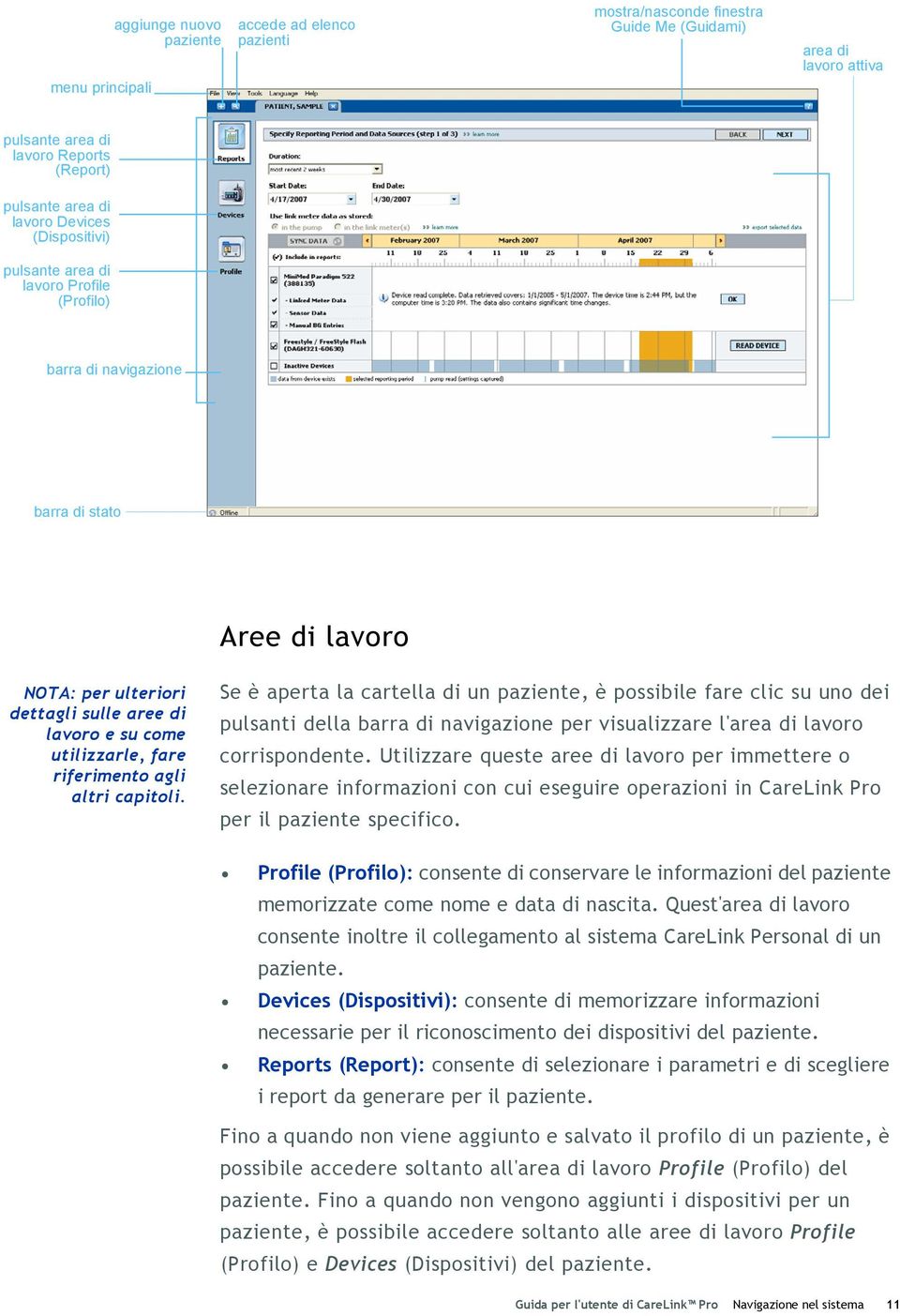 riferimento agli altri capitoli. Se è aperta la cartella di un paziente, è possibile fare clic su uno dei pulsanti della barra di navigazione per visualizzare l'area di lavoro corrispondente.