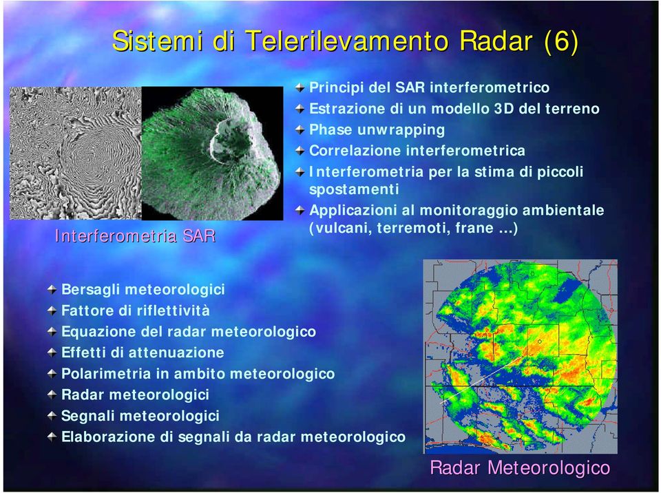 (vulcani, terremoti, frane ) Bersagli meteorologici Fattore di riflettività Equazione del radar meteorologico Effetti di attenuazione