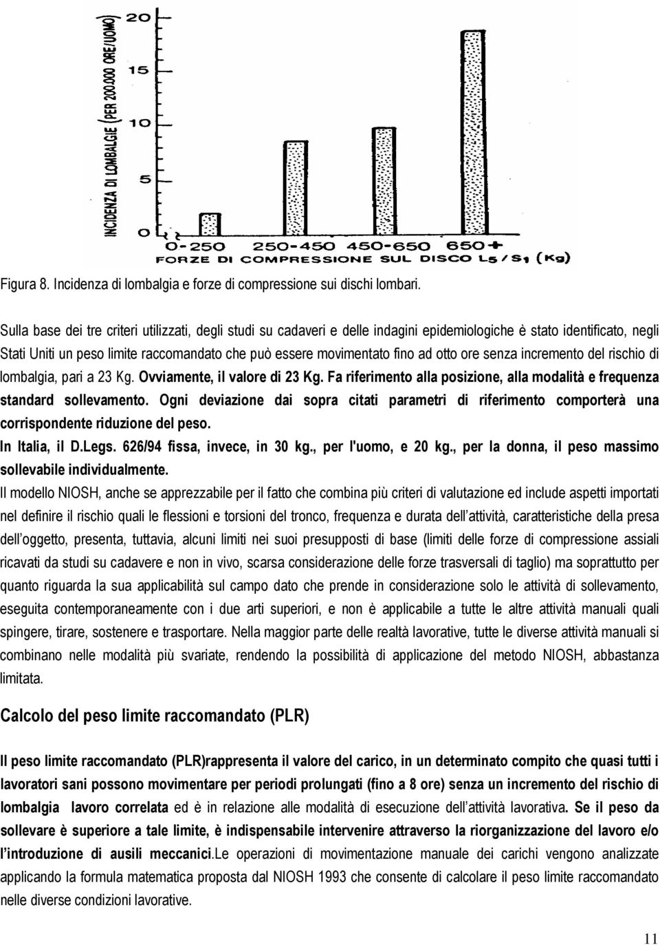 otto ore senza incremento del rischio di lombalgia, pari a 23 Kg. Ovviamente, il valore di 23 Kg. Fa riferimento alla posizione, alla modalità e frequenza standard sollevamento.