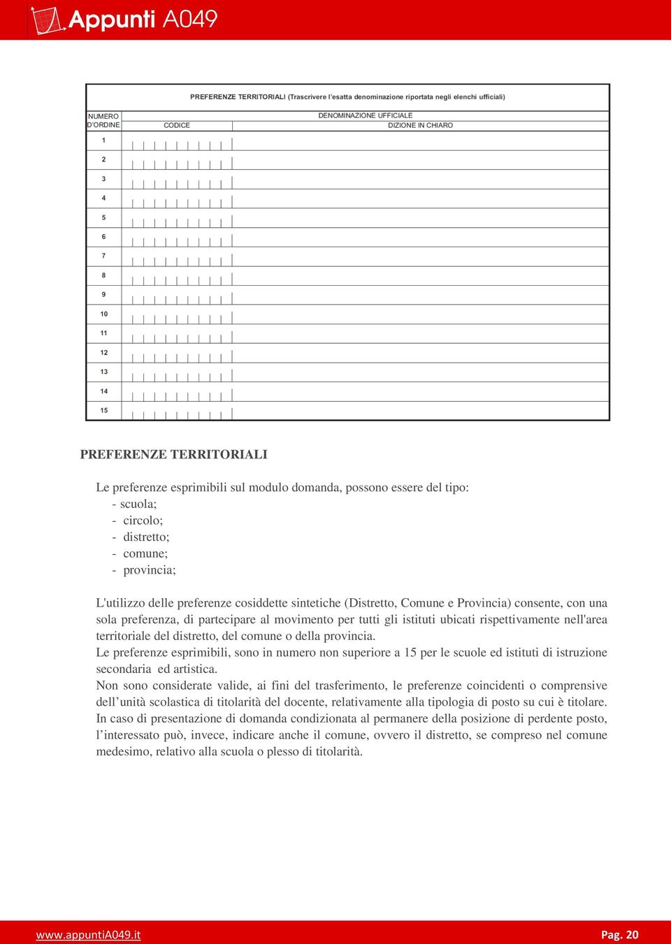 comune o della provincia. Le preferenze esprimibili, sono in numero non superiore a 15 per le scuole ed istituti di istruzione secondaria ed artistica.