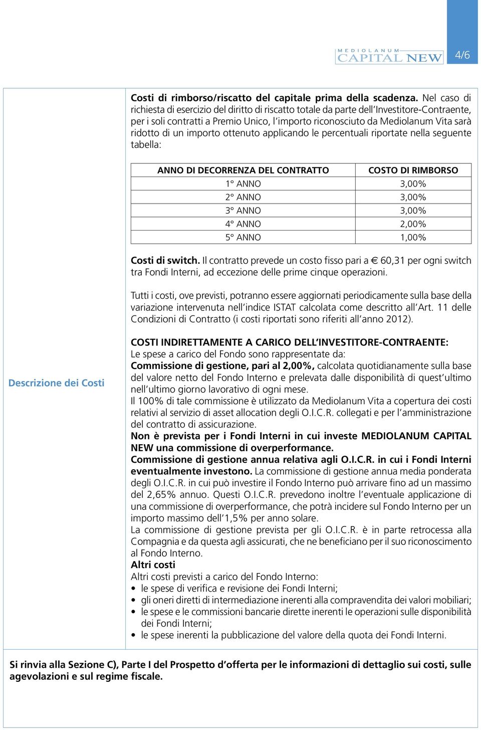 un importo ottenuto applicando le percentuali riportate nella seguente tabella: ANNO DI DECORRENZA DEL CONTRATTO COSTO DI RIMBORSO 1 ANNO 3,00% 2 ANNO 3,00% 3 ANNO 3,00% 4 ANNO 2,00% 5 ANNO 1,00%