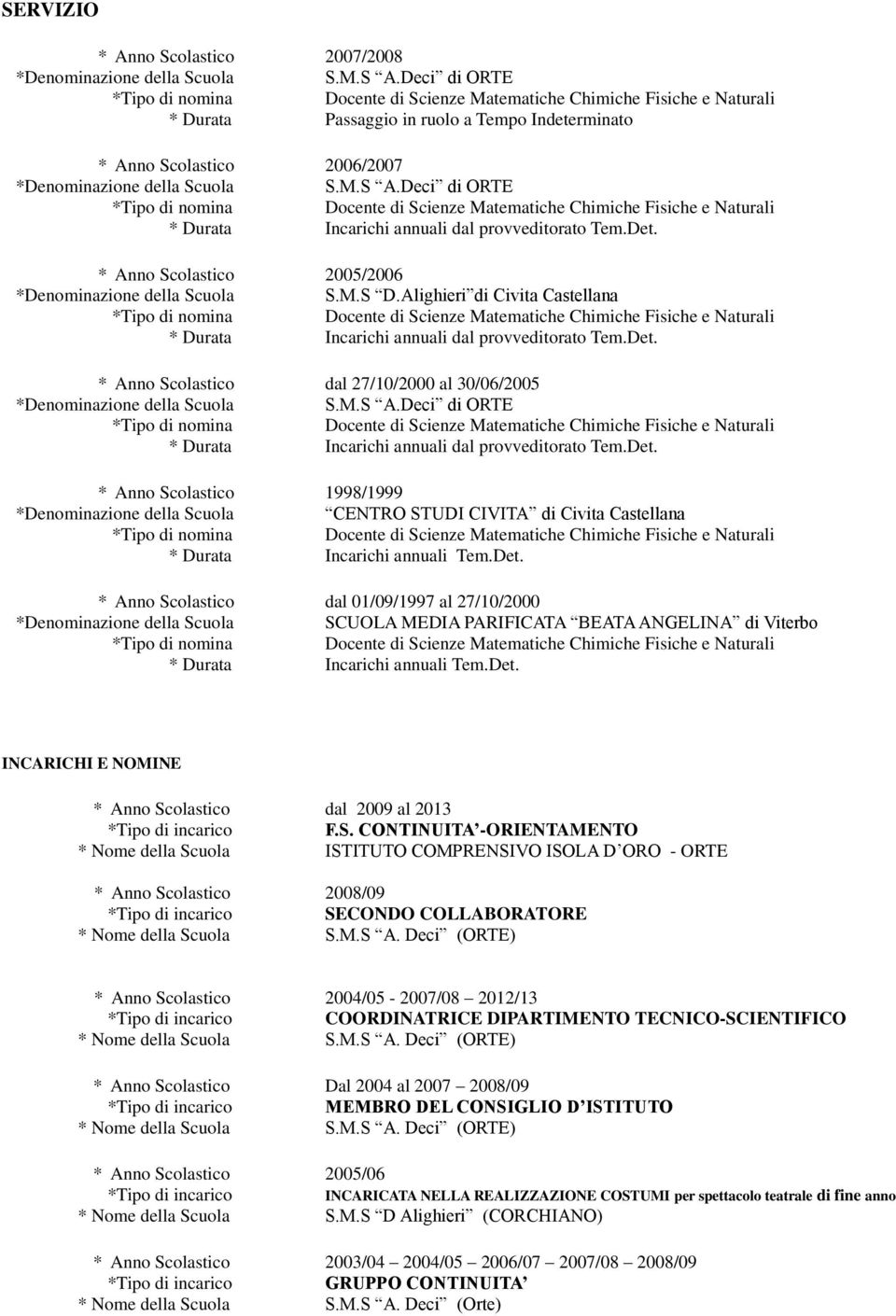 Deci di ORTE * Durata Incarichi annuali dal provveditorato Tem.Det. * Anno Scolastico 1998/1999 CENTRO STUDI CIVITA di Civita Castellana * Durata Incarichi annuali Tem.Det. * Anno Scolastico dal 01/09/1997 al 27/10/2000 SCUOLA MEDIA PARIFICATA BEATA ANGELINA di Viterbo * Durata Incarichi annuali Tem.