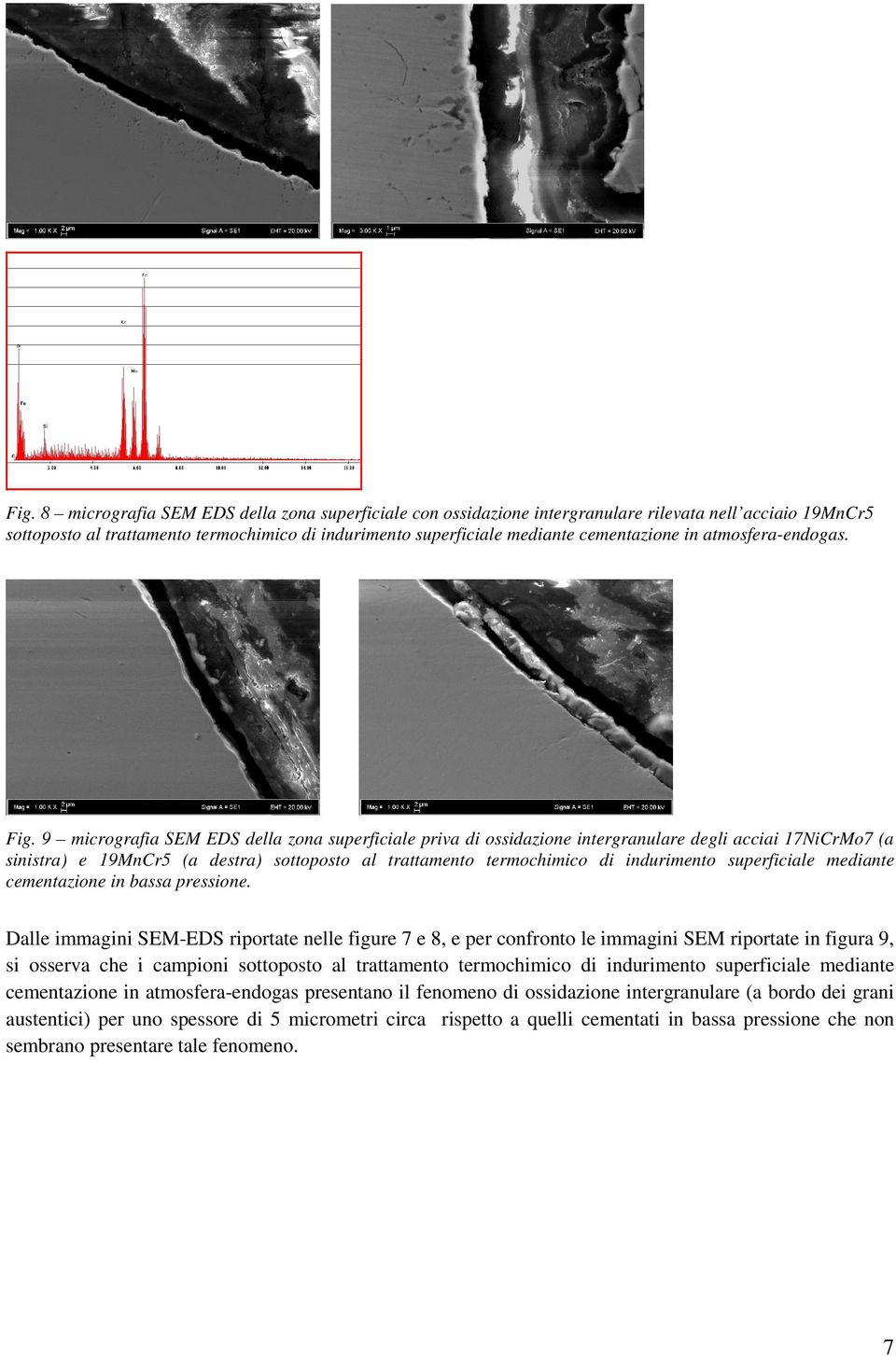 9 micrografia SEM EDS della zona superficiale priva di ossidazione intergranulare degli acciai 17NiCrMo7 (a sinistra) e 19MnCr5 (a destra) sottoposto al trattamento termochimico di indurimento