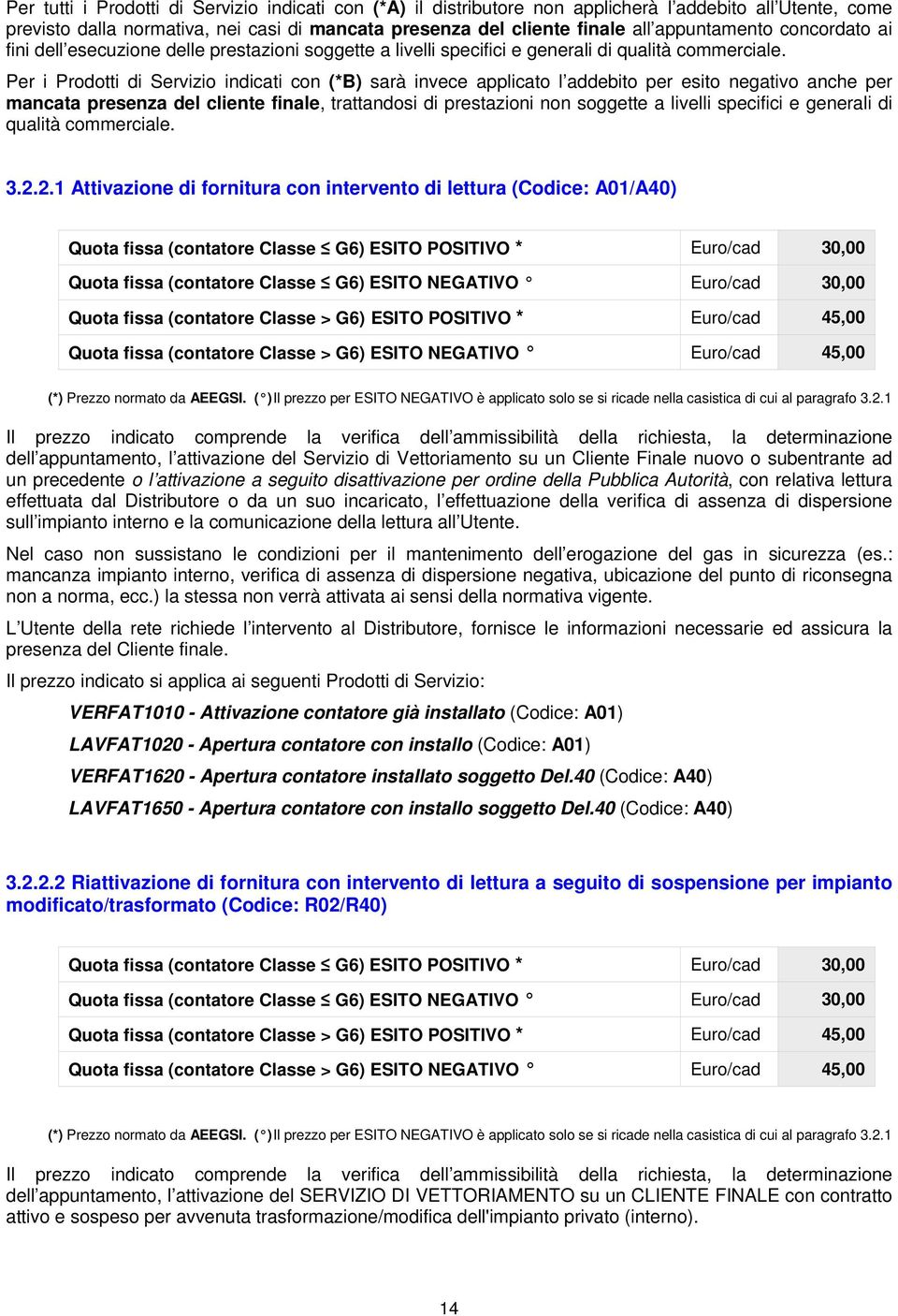 Per i Prodotti di Servizio indicati con (*B) sarà invece applicato l addebito per esito negativo anche per mancata presenza del cliente finale, trattandosi di prestazioni non soggette a livelli