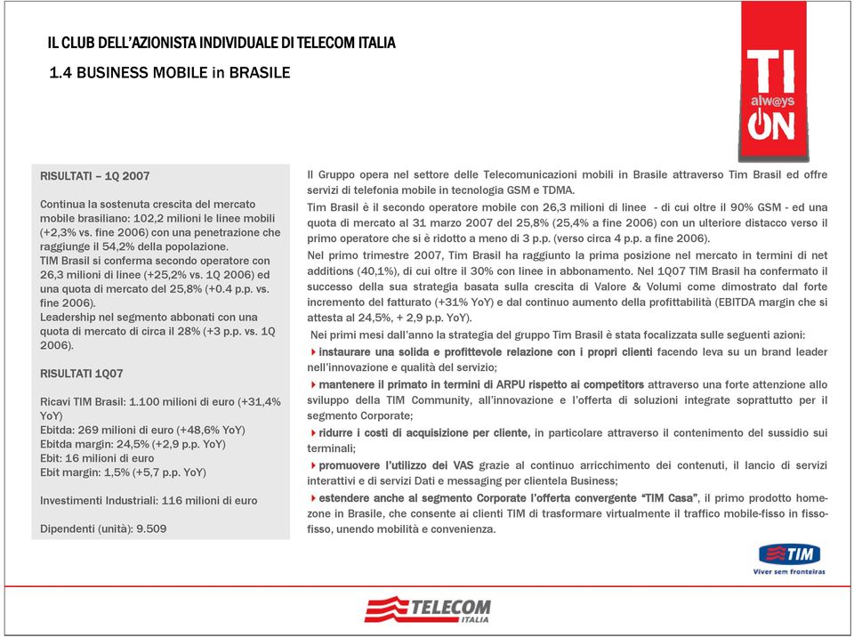 4 p.p. vs. fine 2006). Leadership nel segmento abbonati con una quota di mercato di circa il 28% (+3 p.p. vs. 1Q 2006). RISULTATI 1Q07 Ricavi TIM Brasil: 1.