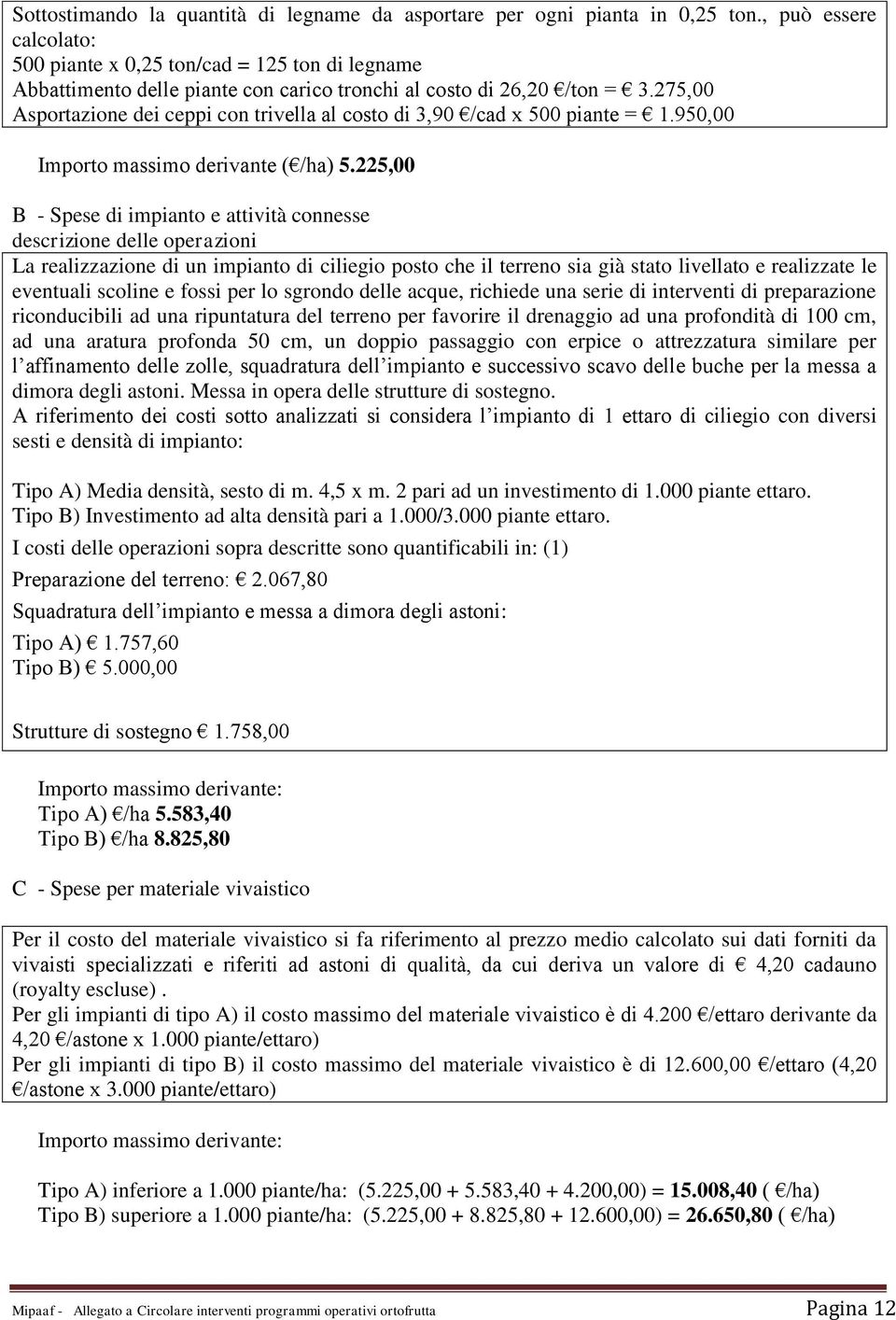 275,00 Asportazione dei ceppi con trivella al costo di 3,90 /cad x 500 piante = 1.950,00 Importo massimo derivante ( /ha) 5.